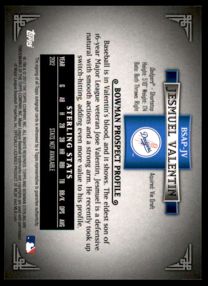 Jesmuel Valentin 2012 Bowman Sterling Prospect Autographs Refractors #JV  Image 2