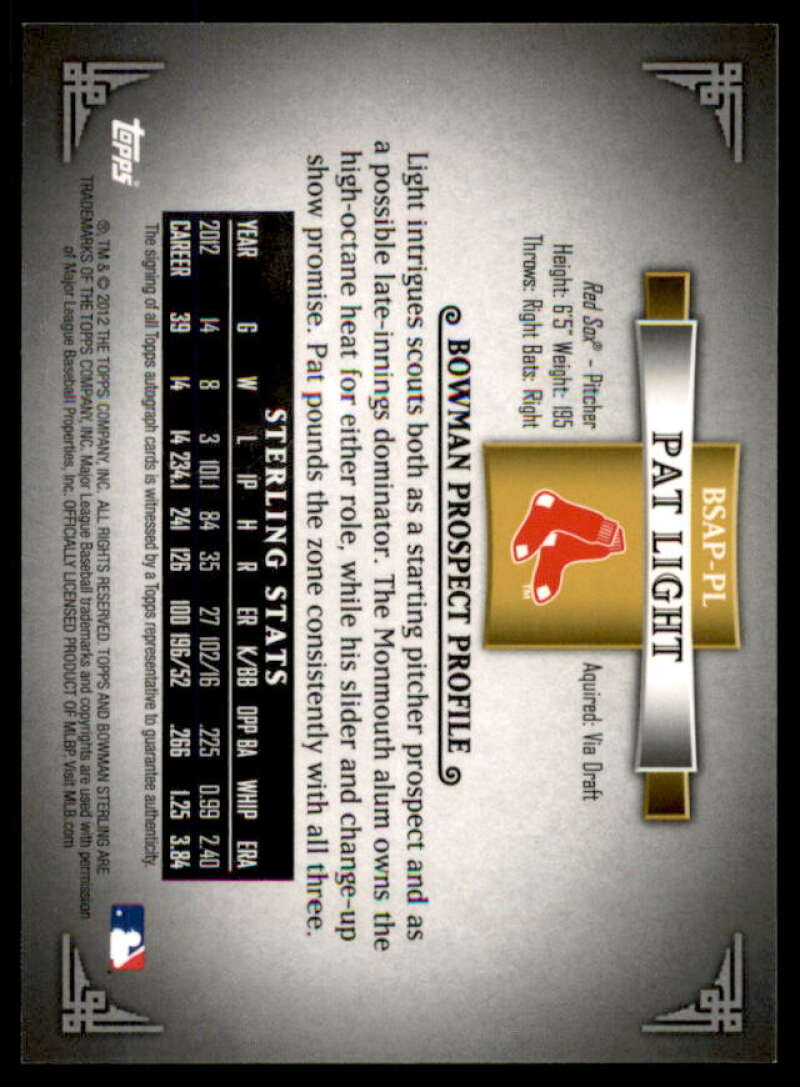Pat Light 2012 Bowman Sterling Prospect Autographs Gold Refractors #PL  Image 2
