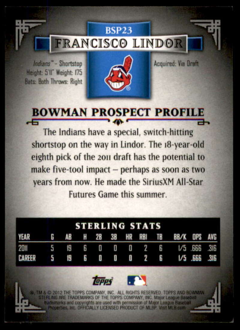 Francisco Lindor Card 2012 Bowman Sterling Prospects Refractors #BSP23  Image 2