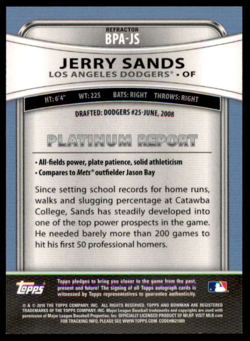 Jerry Sands 2010 Bowman Platinum Prospect Autographs Refractors #JS  Image 2