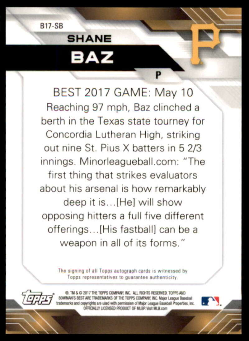 Shane Baz Card 2017 Bowman's Best Best of '17 Autographs #B17SB  Image 2