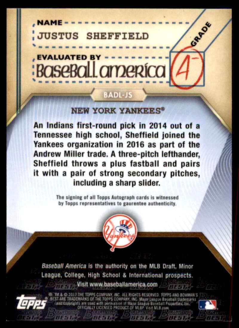 Justus Sheffield 2017 Bowman's Best Baseball America's Dean's List #BADLJS  Image 2