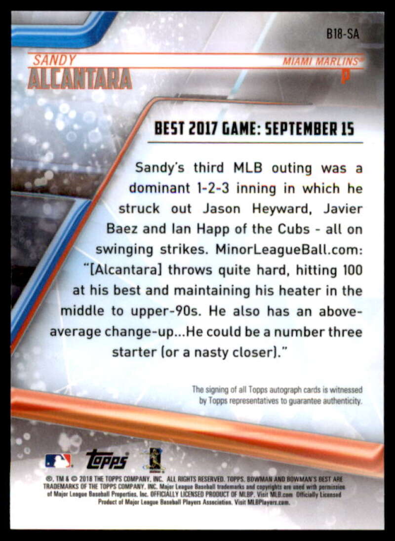 Sandy Alcantara Card 2018 Bowman's Best Best of '18 Autographs #B18SA  Image 2