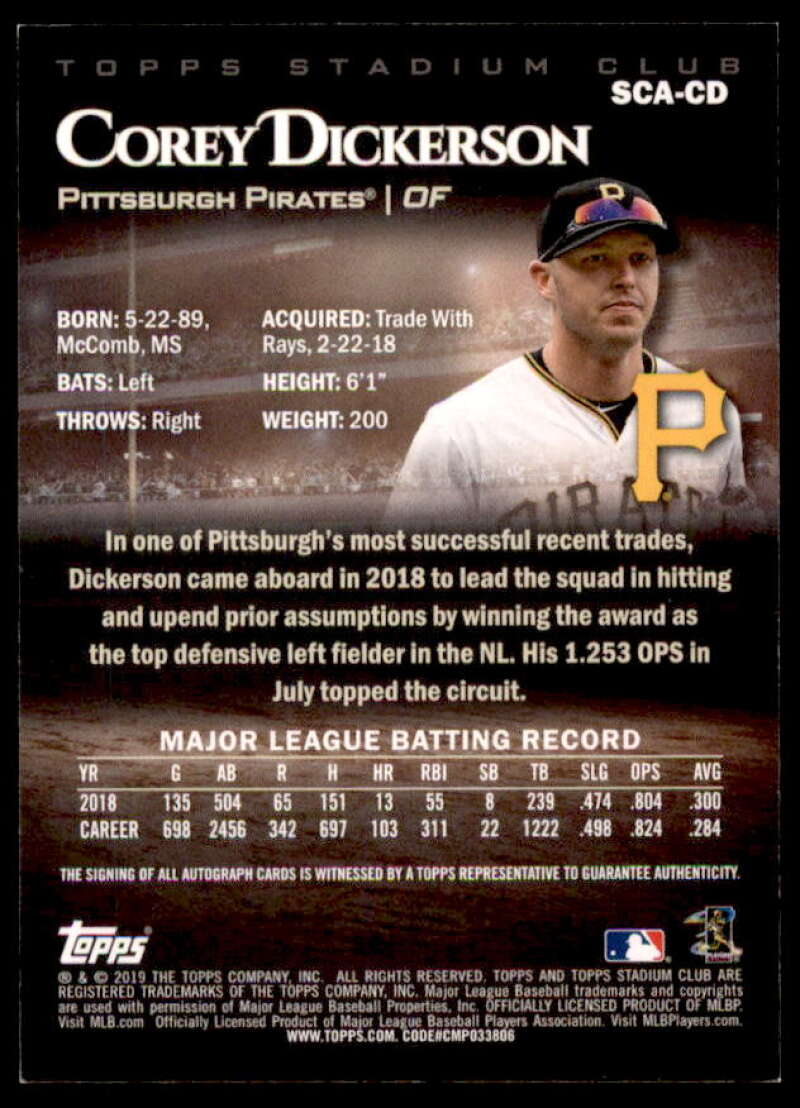 Corey Dickerson Card 2019 Stadium Club Autographs #SCACD  Image 2