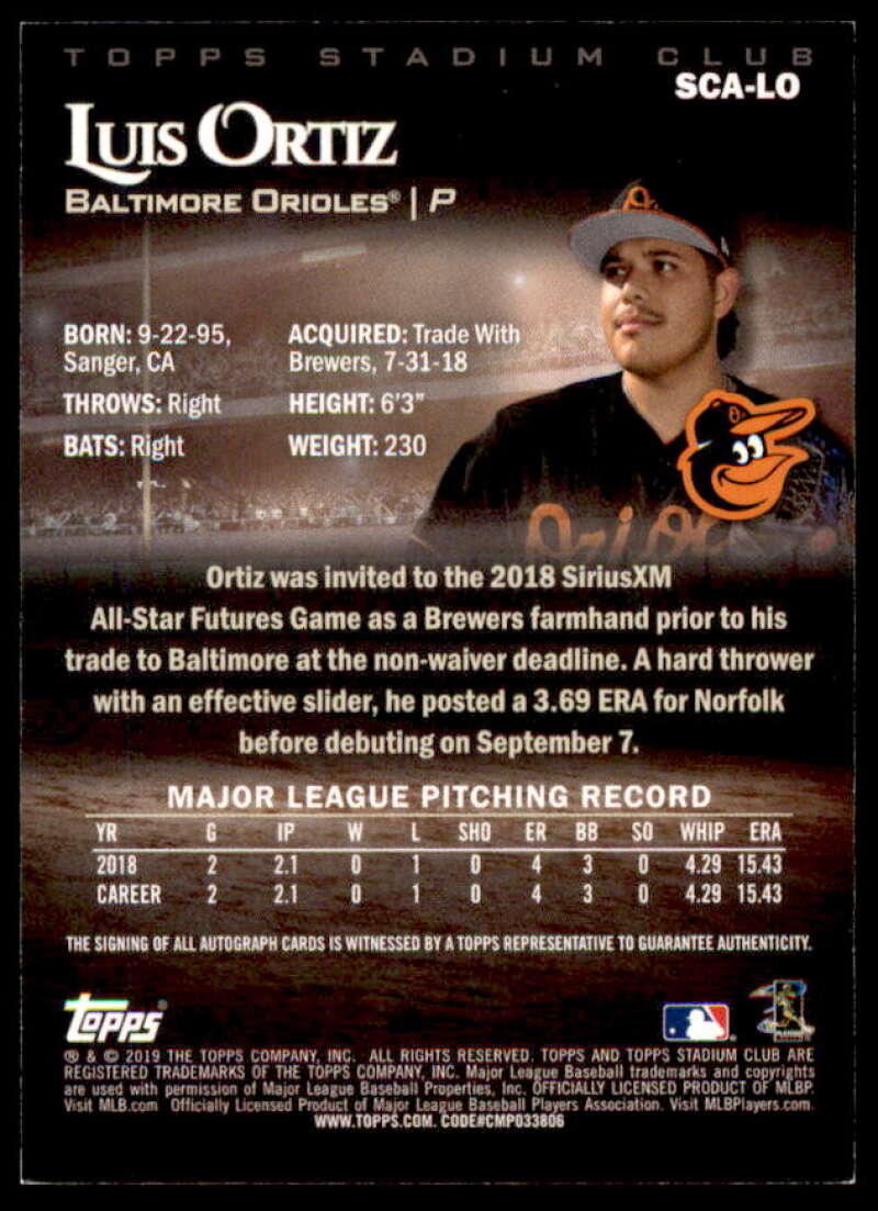 Luis Ortiz Card 2019 Stadium Club Autographs #SCALO  Image 2