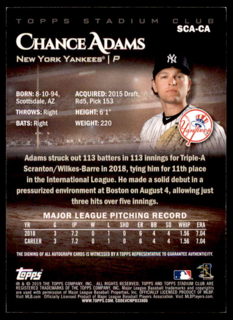 Chance Adams Card 2019 Stadium Club Autographs #SCACA  Image 2