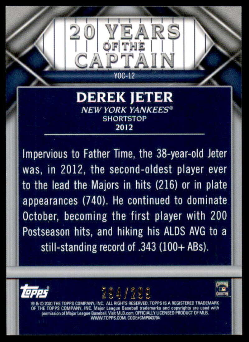 Derek Jeter Card 2020 Topps Update 20 Years of The Captain Black #YOC12  Image 2