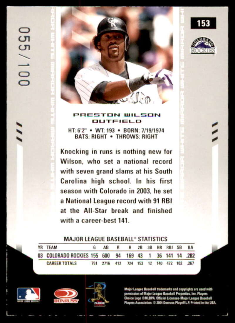 Preston Wilson Card 2004 Leaf Certified Materials Mirror Autograph White #153  Image 2