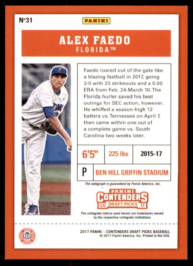 Alex Faedo AU/White jersey 2017 Contenders Draft Picks Draft Playoff Ticket #31B  Image 2