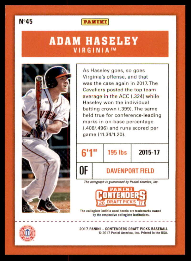 Adam Haseley AU/Batting Rookie Card 2017 Panini Contenders Draft Picks #45A  Image 2
