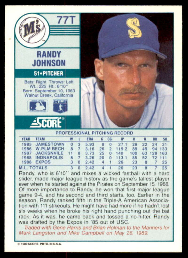 Randy Johnson Rookie Card 1989 Score Rookie/Traded #77T  Image 2