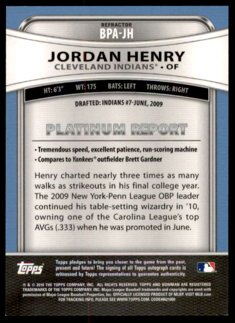Jordan Henry 2010 Bowman Platinum Prospect Autographs Refractors #JH  Image 2