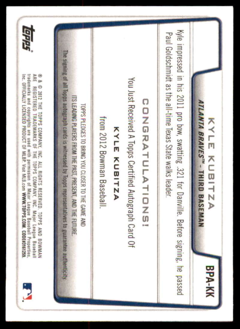 Kyle Kubitza Card 2012 Bowman Prospect Autographs #KK  Image 2