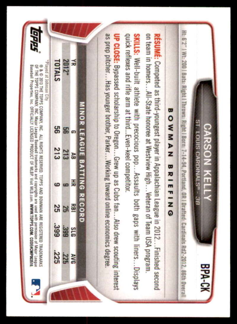 Carson Kelly Card 2012 Bowman Sterling Prospect Autographs #CK  Image 2