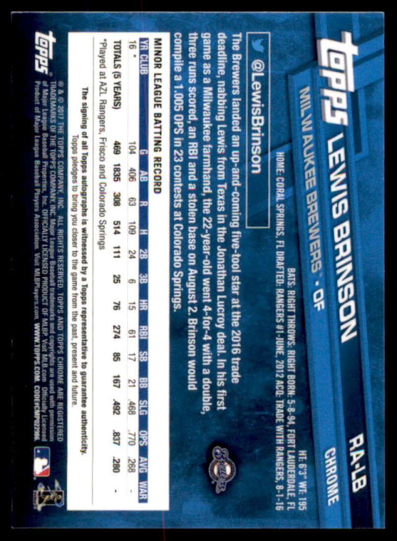 Lewis Brinson Card 2017 Topps Chrome Rookie Autographs #RALB  Image 2