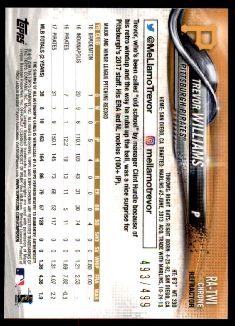 Trevor Williams 2018 Topps Chrome Rookie Autographs Refractors #RATWI  Image 2
