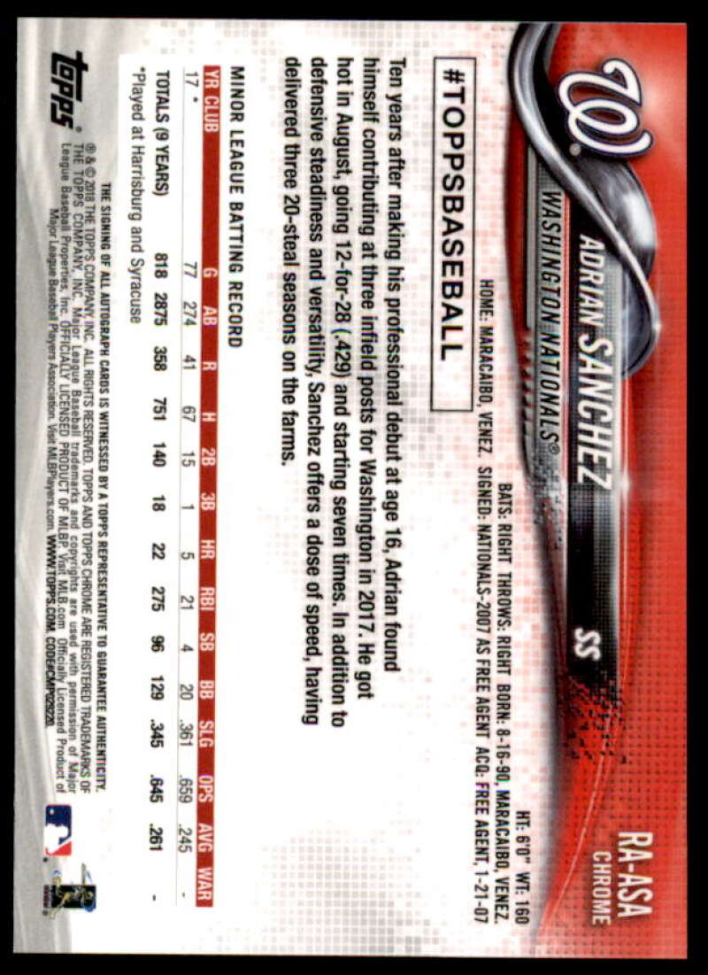 Adrian Sanchez Card 2018 Topps Chrome Rookie Autographs #RAASA  Image 2