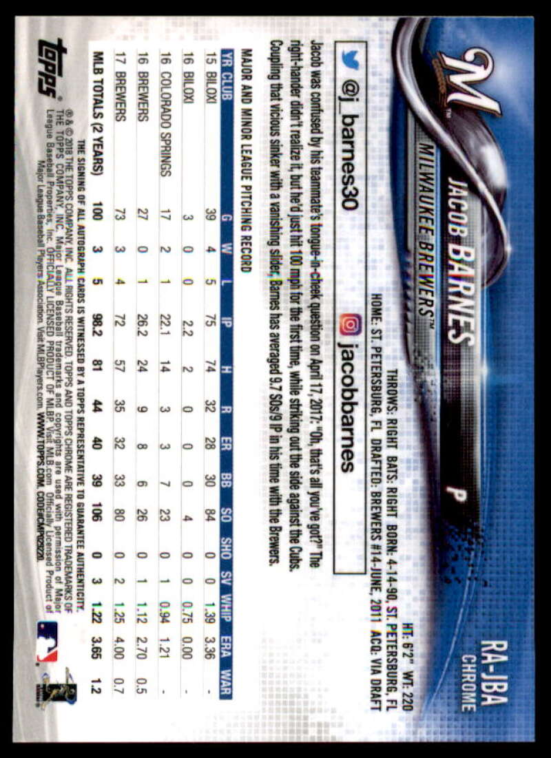 Jacob Barnes Card 2018 Topps Chrome Rookie Autographs #RAJBA  Image 2