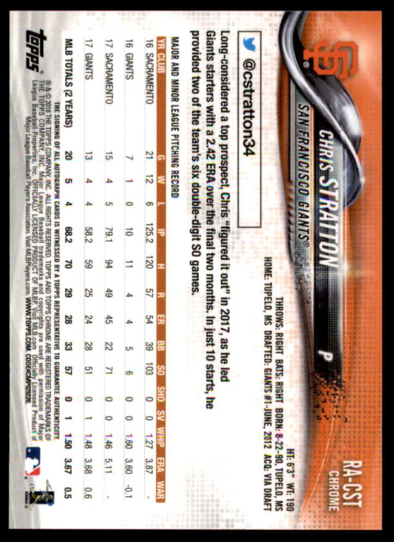 Chris Stratton Card 2018 Topps Chrome Rookie Autographs #RACST  Image 2