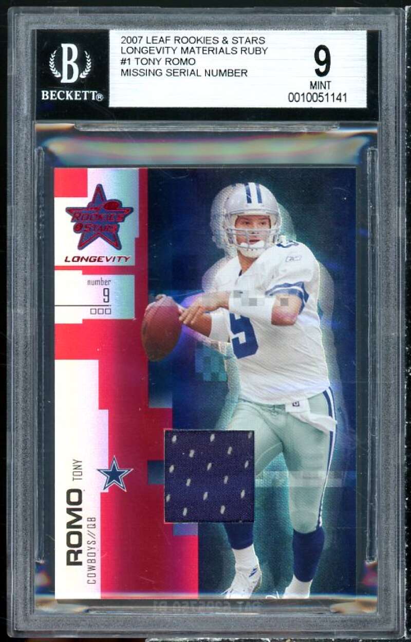 Tony Romo Card 2007 Leaf Rookies Stars Longevity Materials Ruby #1 BGS 9 Image 1