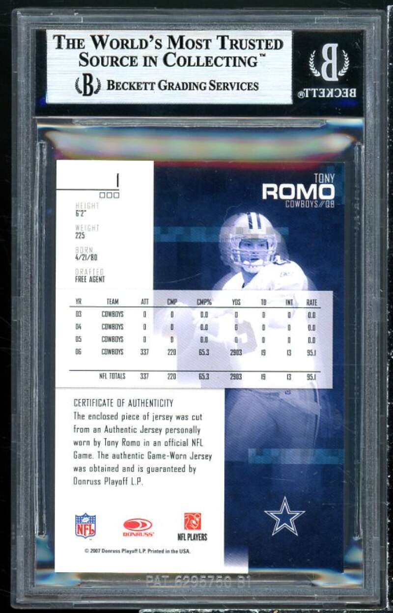 Tony Romo Card 2007 Leaf Rookies Stars Longevity Materials Ruby #1 BGS 9 Image 2