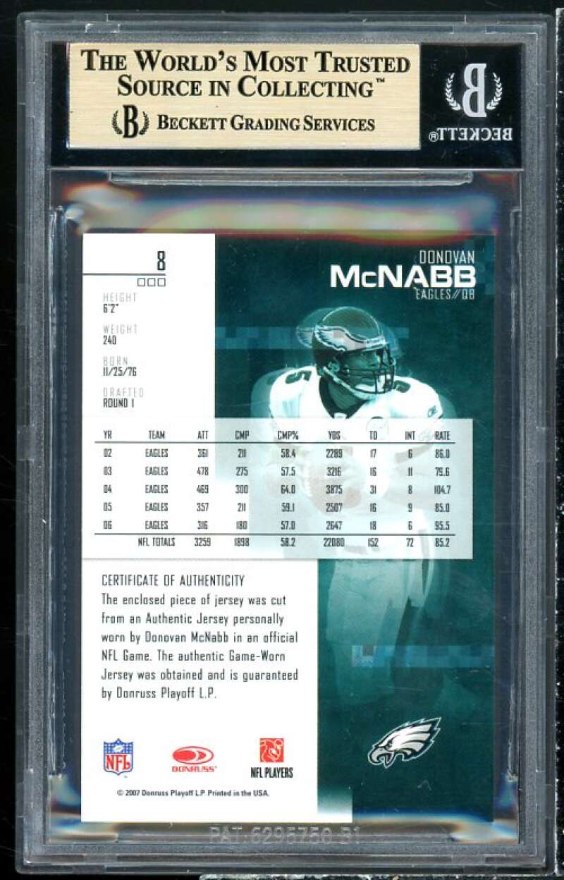 Donovan McNabb Card 2007 Rookies Stars Longevity Materials Sapphire #8 BGS 9.5 Image 2