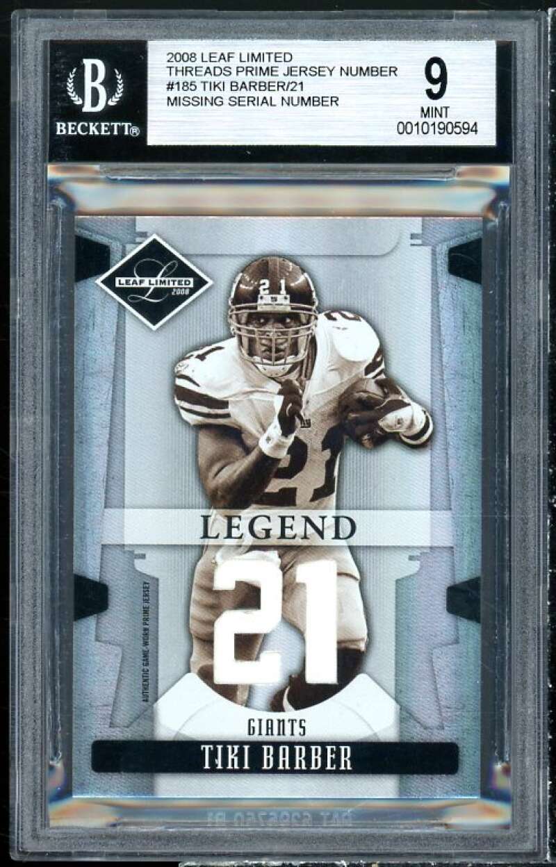 Tiki Barber Card 2008 Leaf Limited Threads Prime Jersey Numbers #185 BGS 9 Image 1