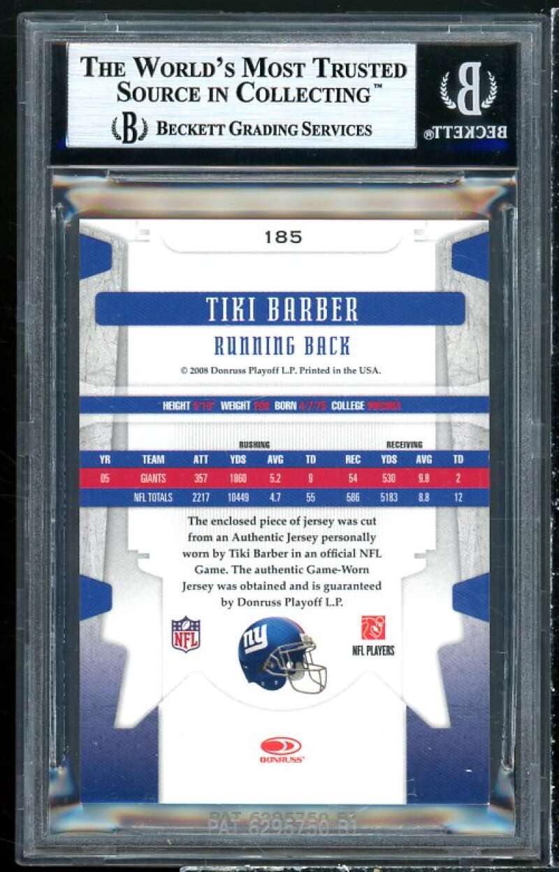 Tiki Barber Card 2008 Leaf Limited Threads Prime Jersey Numbers #185 BGS 9 Image 2