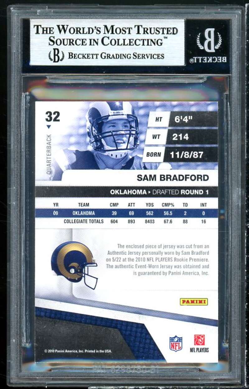 Sam Bradford Rookie 2010 Absolute Memorabilia Rookie Jersey Collection #32 BGS 9 Image 2