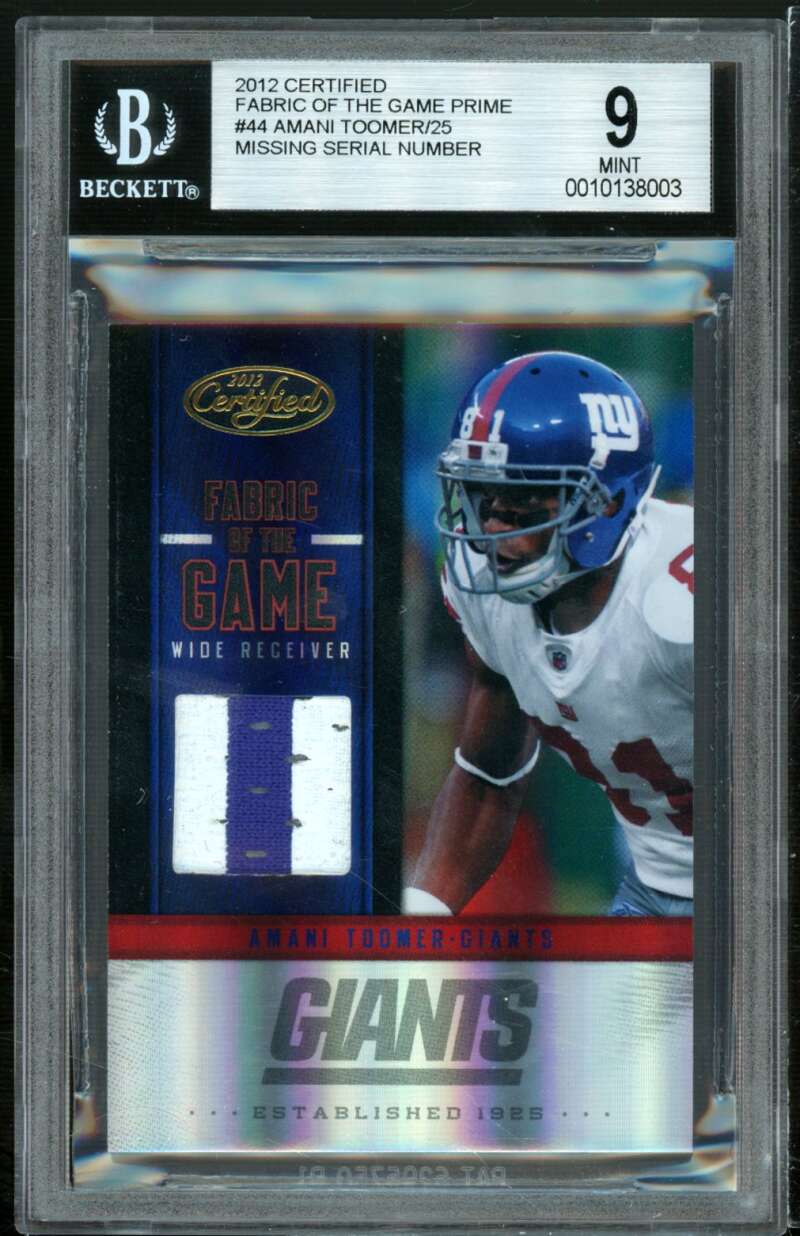 Amani Toomer Card 2012 Certified Fabric of the Game Prime #44 BGS 9 Image 1