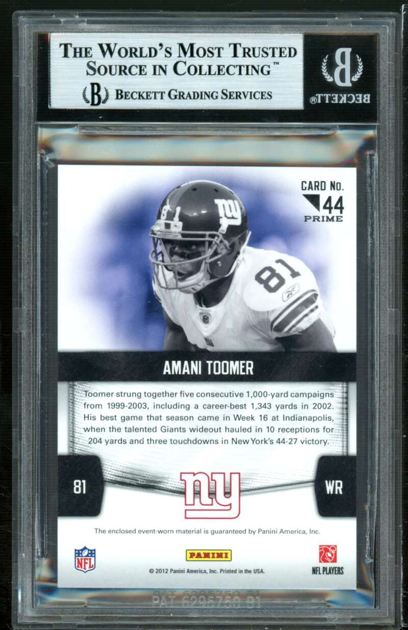 Amani Toomer Card 2012 Certified Fabric of the Game Prime #44 BGS 9 Image 2