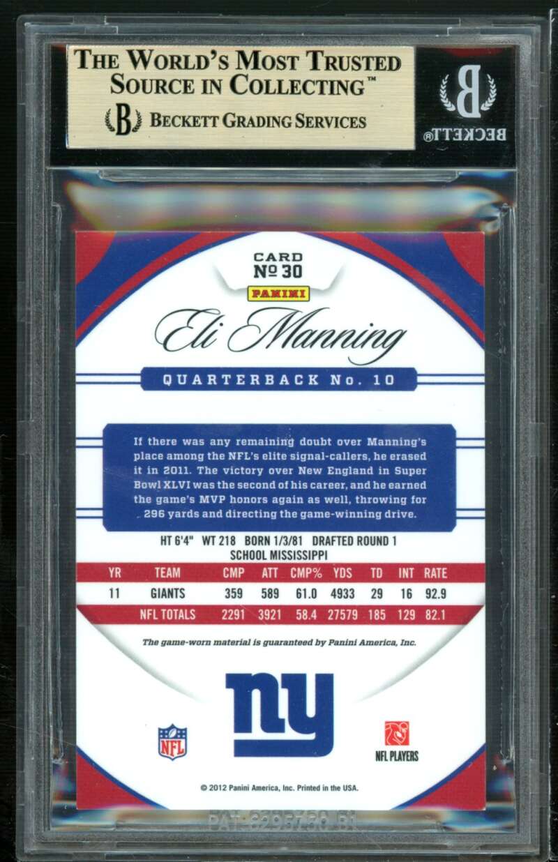 Eli Manning Card 2012 Certified Mirror Blue Materials #30 BGS 9.5 Image 2