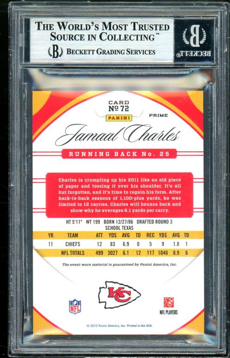 Jamaal Charles Card 2012 Certified Mirror Gold Materials #72 BGS 9 Image 2