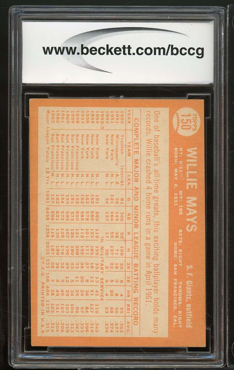 1964 Topps #150 Willie Mays Card BGS BCCG 9 Near Mint+ Image 2