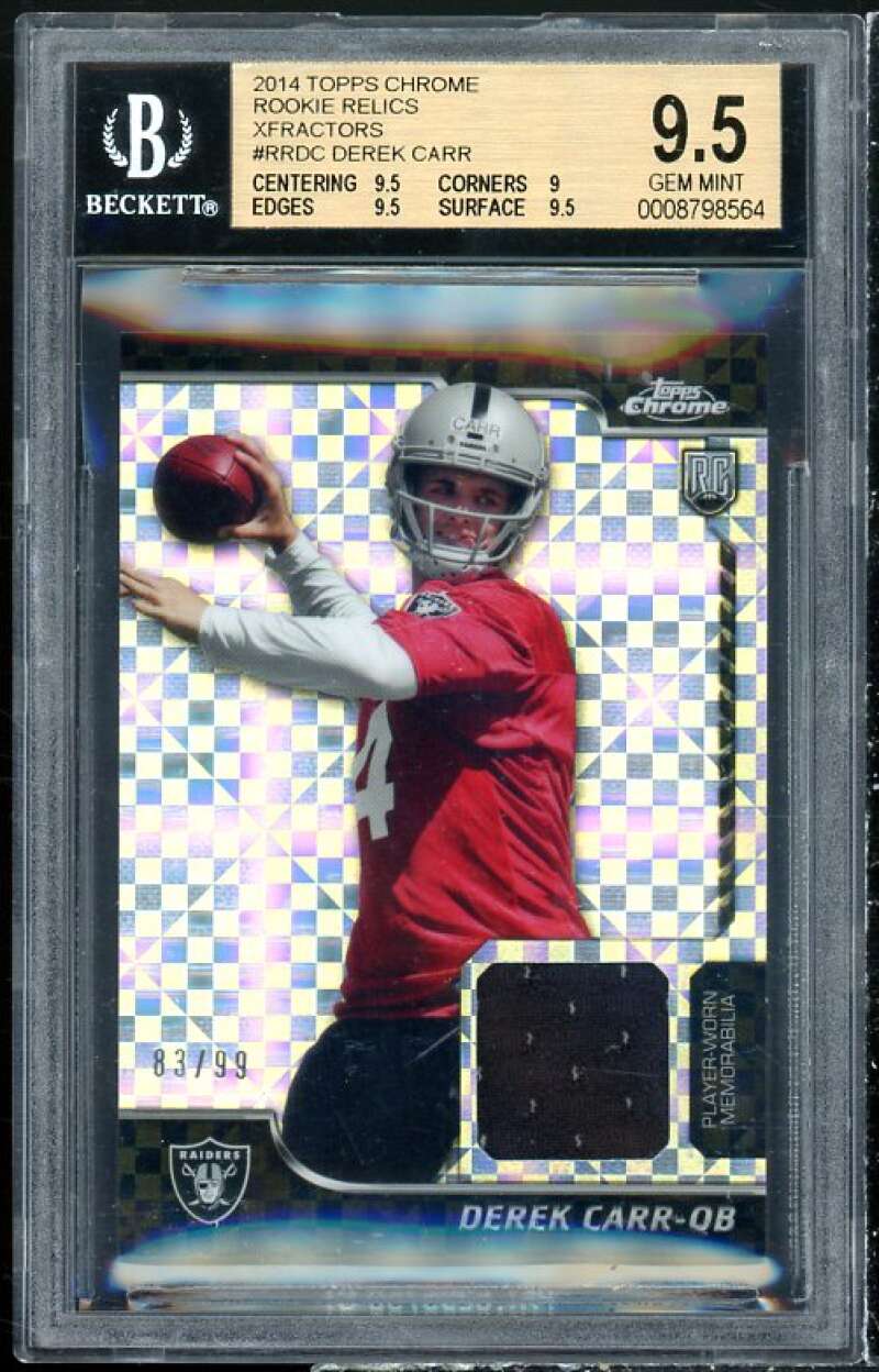 Derek Carr Rookie 2014 Topps Chrome Rookie Relics Xfractor #RRDC (pop 2) BGS 9.5 Image 1