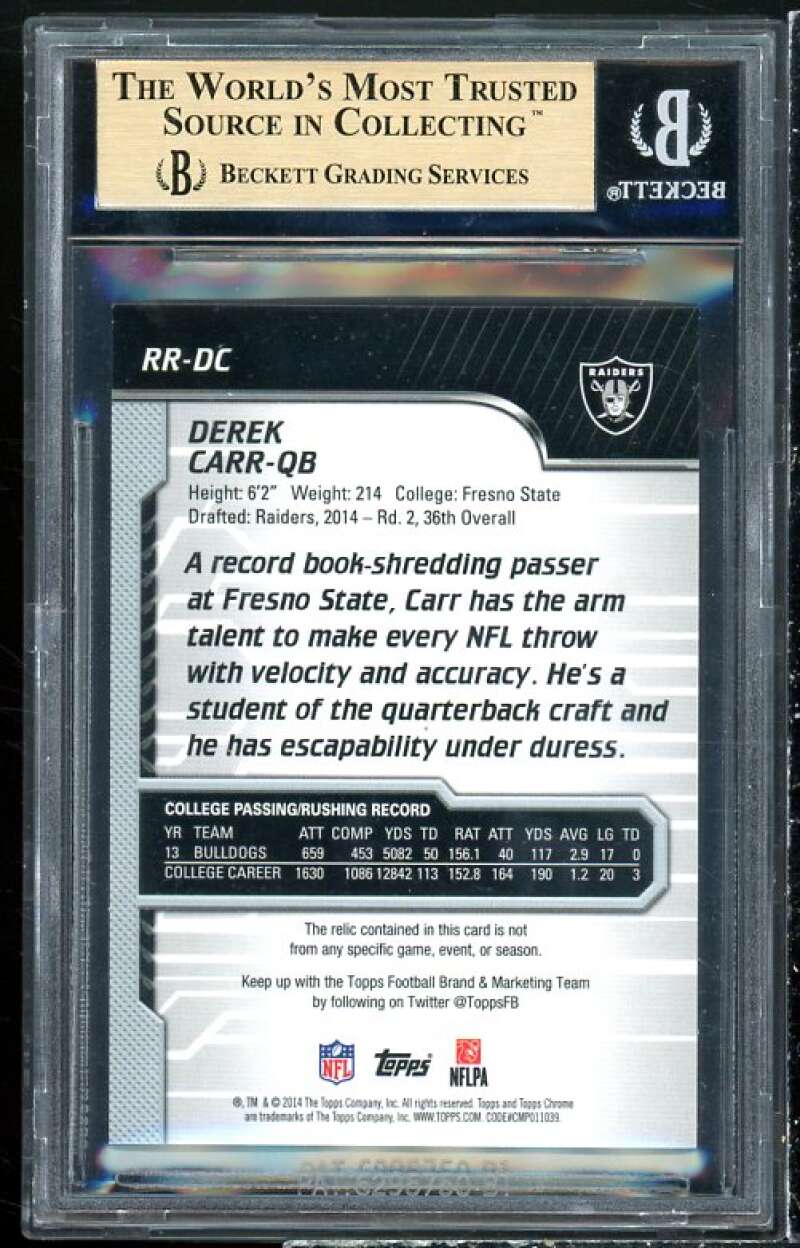 Derek Carr Rookie 2014 Topps Chrome Rookie Relics Xfractor #RRDC (pop 2) BGS 9.5 Image 2