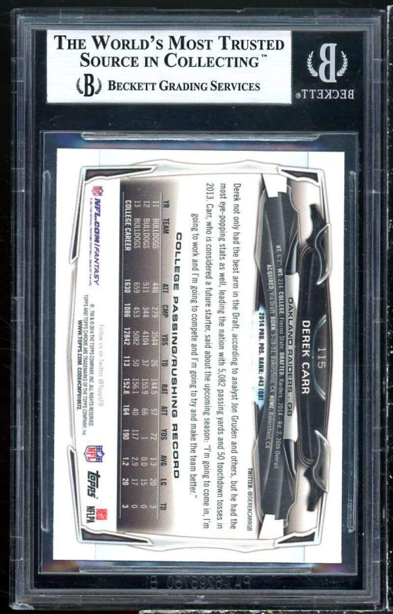 Derek Carr Rookie Card 2014 Topps Chrome Xfractors #115 BGS 9 (9 9.5 9.5 8.5) Image 2