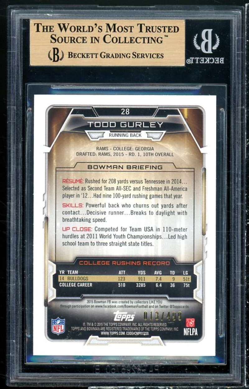 Todd Gurley Rookie Card 2015 Bowman Rainbow Blue #28 BGS 9.5 (9.5 9.5 9 10) Image 2