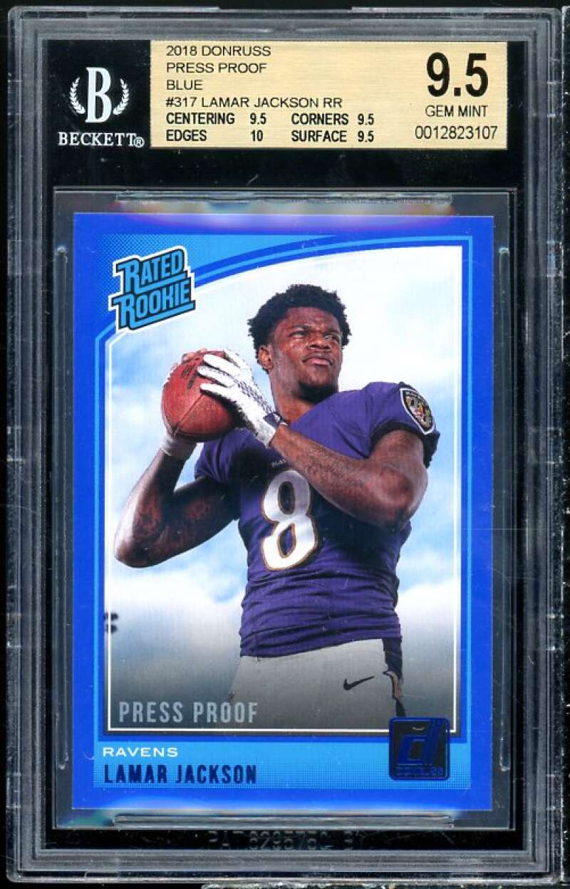 Lamar Jackson Rookie 2018 Donruss Press Proof Blue #317 BGS 9.5 (9.5 9.5 10 9.5) Image 1