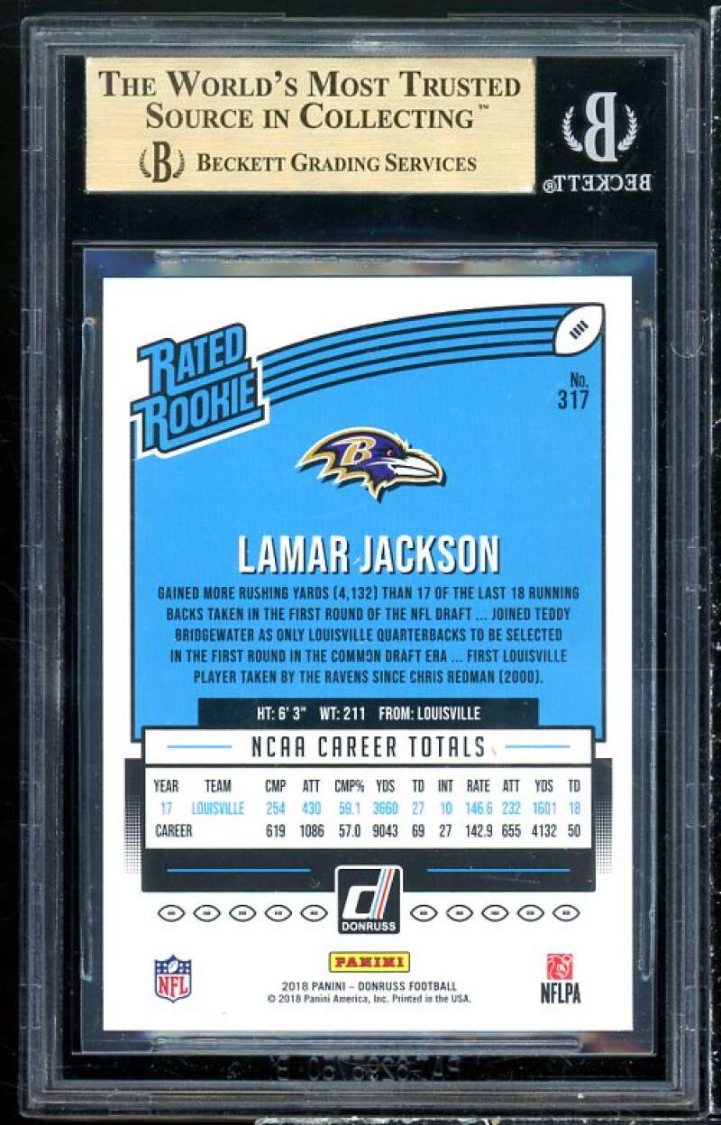 Lamar Jackson Rookie 2018 Donruss Press Proof Blue #317 BGS 9.5 (9.5 9.5 10 9.5) Image 2