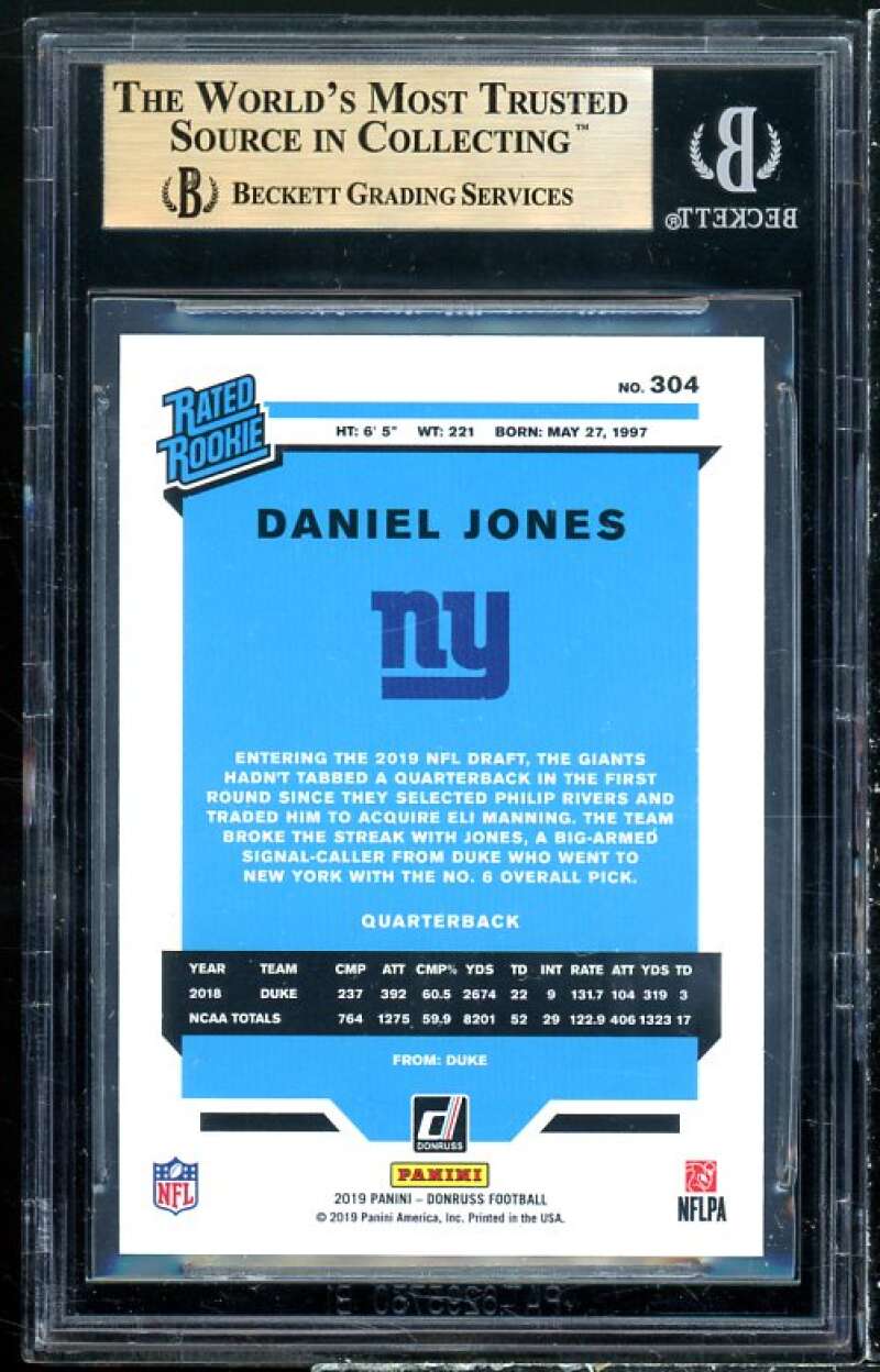 Daniel Jones Rookie Card 2019 Donruss #304 (PRISTINE) BGS 10 Image 2