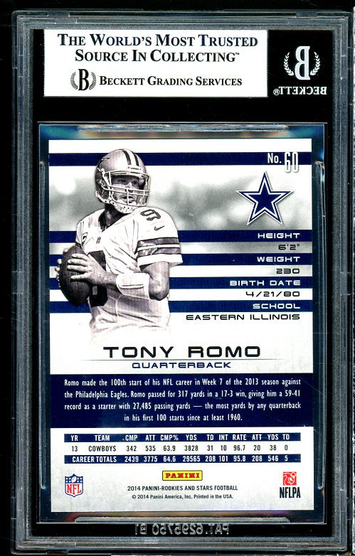 Tony Romo 2014 Rookies Stars Longevity Team Logo Platinum #60 (ser 3/5) BGS 9 Image 2