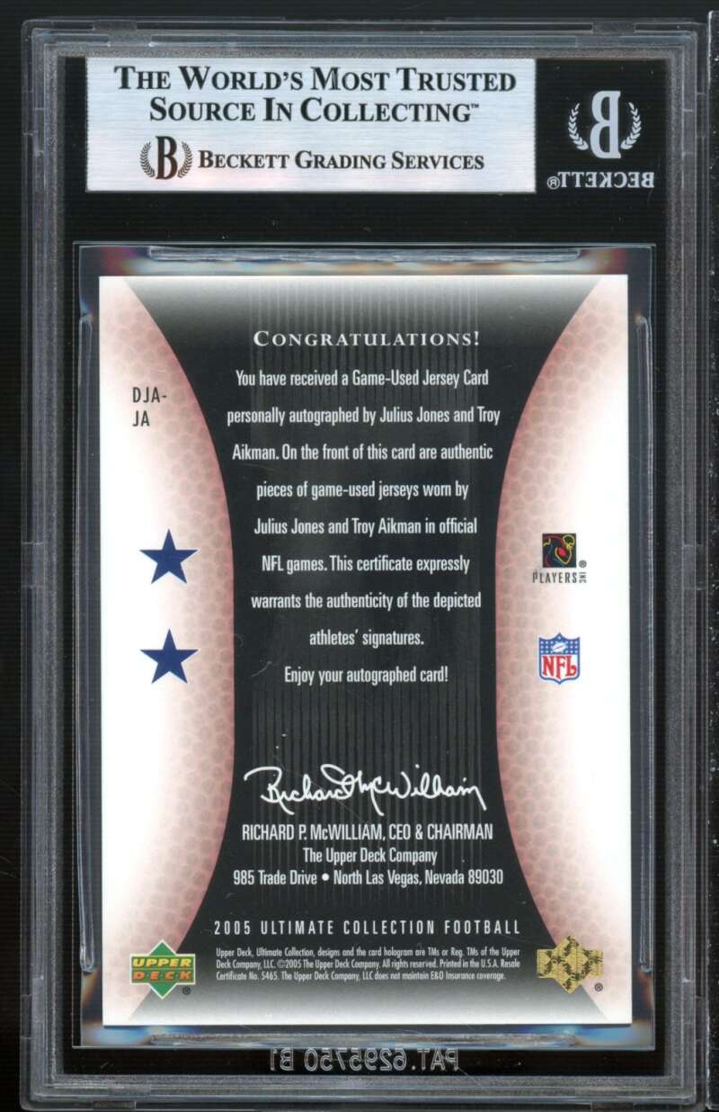 Jones / Troy Aikman 2005 Ultimate Collection Auto Jersey Dual (ser 10/10) BGS 9 Image 2