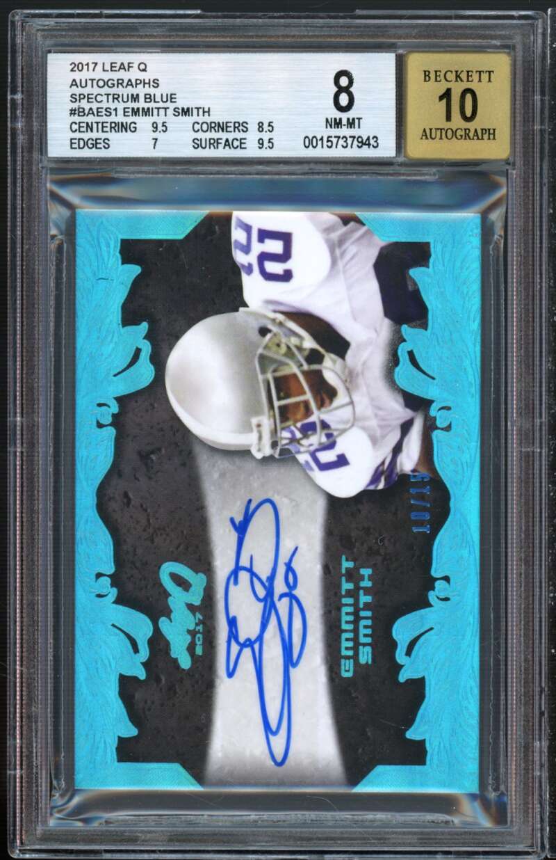 Emmitt Smith Card 2017 Leaf Q Autographs Spectrum Blue #baes1 (10/15) BGS 8 Image 1