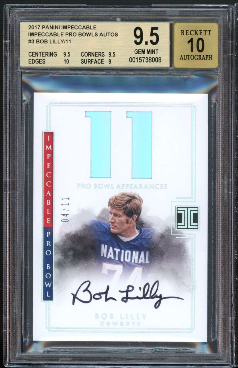 Bob Lilly Card 2017 Panini Impeccable Pro Bowl Autos #3 (serial 4/11) BGS 9.5 Image 1