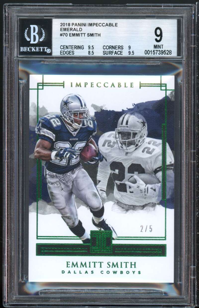 Emmitt Smith Card 2018 Panini Impeccable Emerald #70 (serial 2/5) (pop 1) BGS 9 Image 1