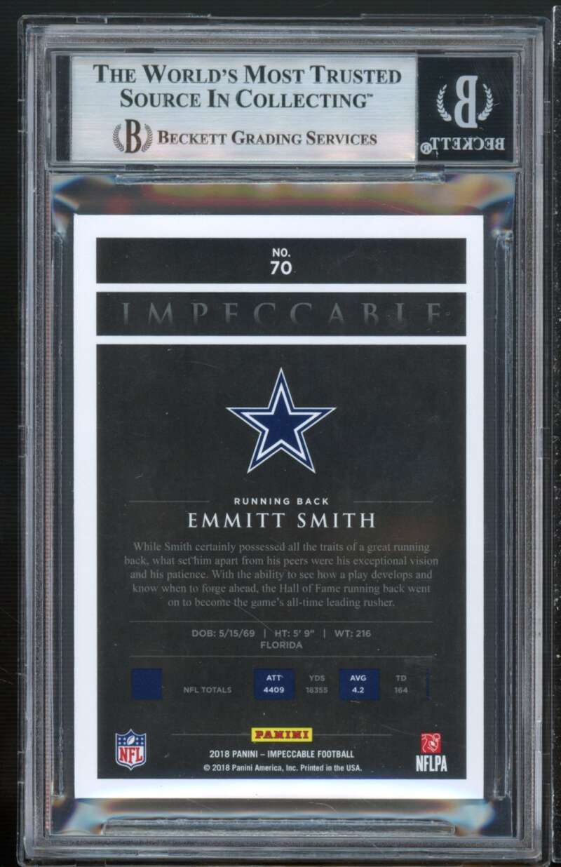 Emmitt Smith Card 2018 Panini Impeccable Emerald #70 (serial 2/5) (pop 1) BGS 9 Image 2