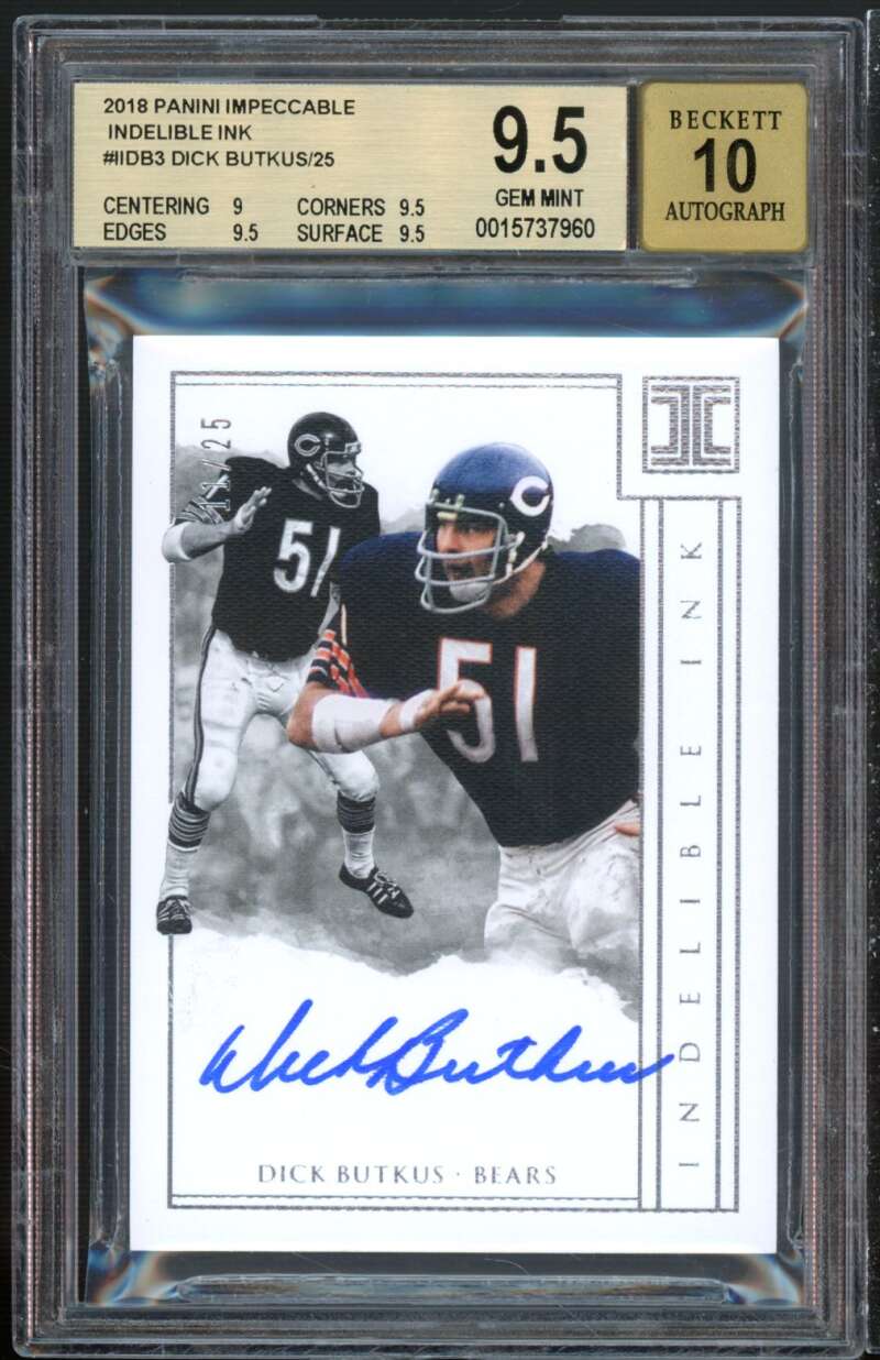 Dick Butkus Card 2018 Panini Impeccable Indelible Ink #3 (serial 12/25) BGS 9.5 Image 1