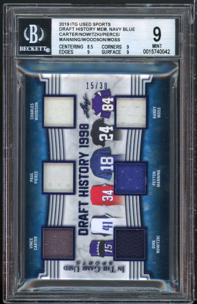 Peyton Manning/Nowitzki/Pierce/Moss/Carter/Woodson 2019 ITG Draft History BGS 9 Image 1