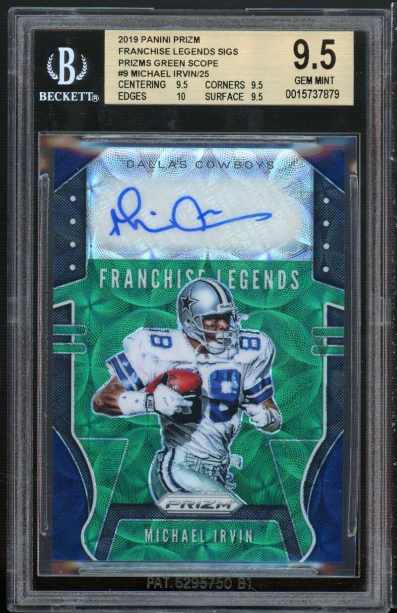 Michael Irvin 2019 Panini Franchise Legends Sigs Prizms Green Scope #9 BGS 9.5 Image 1